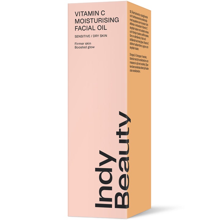 Indy Beauty Vitamin C Moisturising Facial Oil 30 ml hehkua antava kasvoöljy persikanvärisessä pahvipakkauksessa