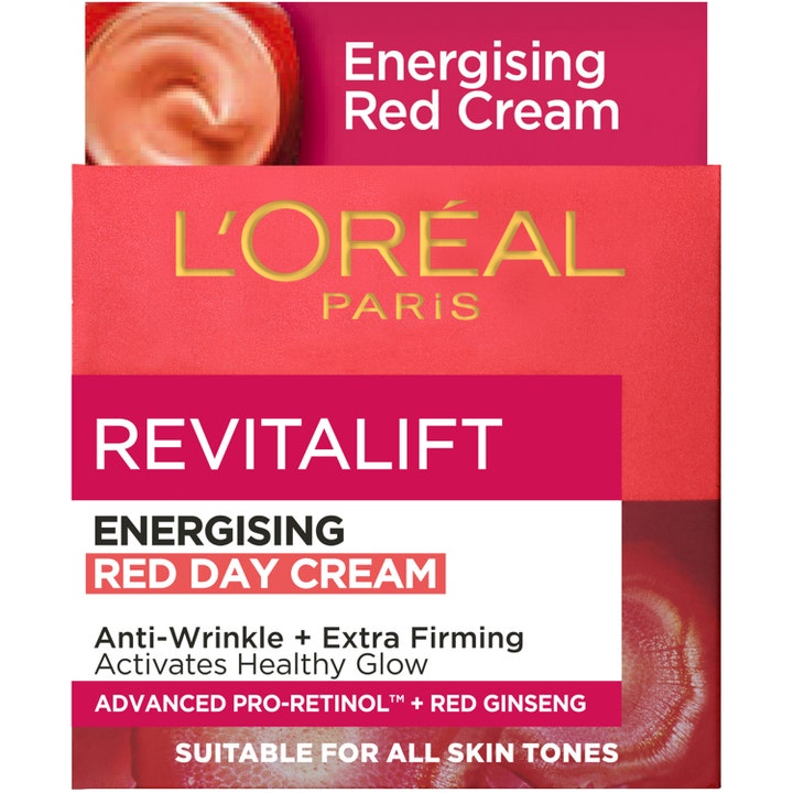 L'Oréal Paris Revitalift Ginseng Glow 50 ml heleyttävä päivävoide punaisessa pakkauksessa jossa Pro-Retinol ja Red Ginseng