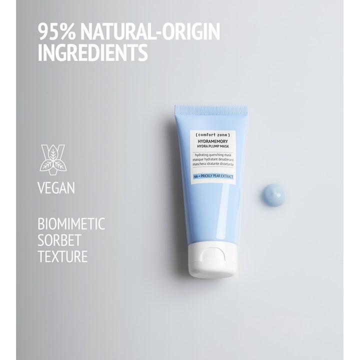 Comfort Zone Hydramemory Hydra Plump Mask 60 ml vegaaninen kosteuttava kasvonaamio ja vaaleansininen sorbettikoostumus.