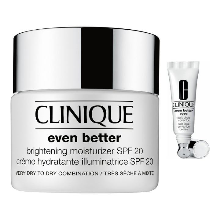 Clinique Even Better Brightening Moisturizer SPF 20 kirkastava kasvovoide ja silmänympärysvoide valkoisissa pakkauksissa.