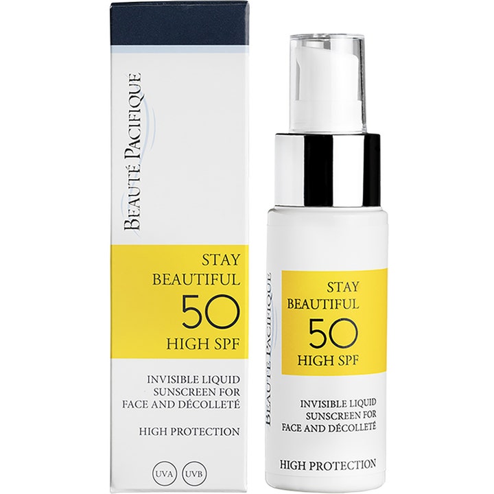 Beauté Pacifique Stay Beautiful 50 ml aurinkovoide kasvoille suojakerroin 50 valkoisessa pumppupullossa ja pakkauksessa.