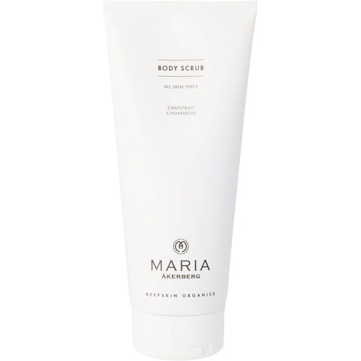 Maria Åkerberg Body Scrub silottava vartalonkuorinta valkoisessa tuubissa sisältää virkistävää greippiä ja kanelia.