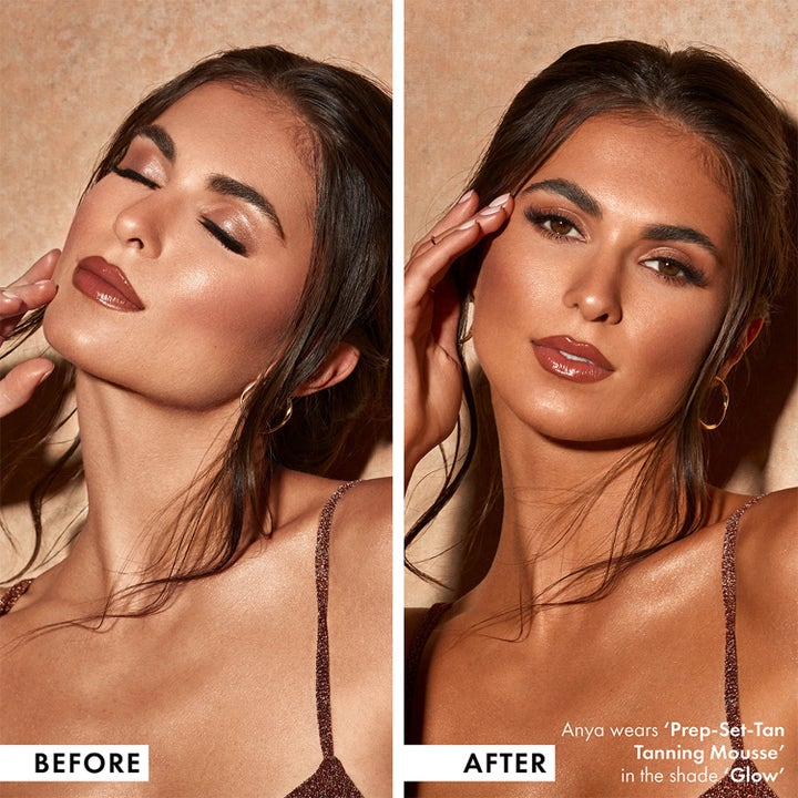ICONIC London Prep Set Glow Tanning Mousse 150 ml ennen ja jälkeen vertailu antaa säteilevän ja päivettyneen ihon.