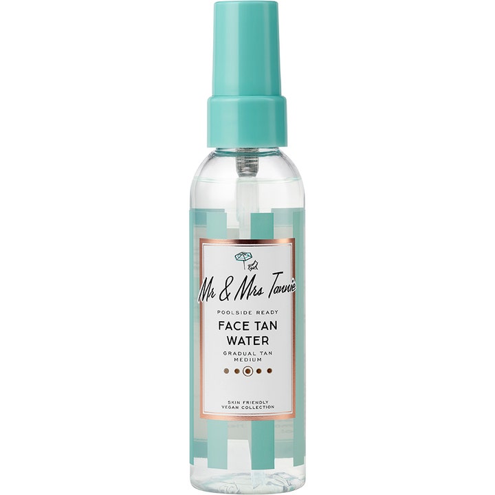 Mr & Mrs Tannie Face Tan Water 100 ml itseruskettava kasvovesi antaa päivetystä kirkkaassa pullossa turkoosilla korkilla.