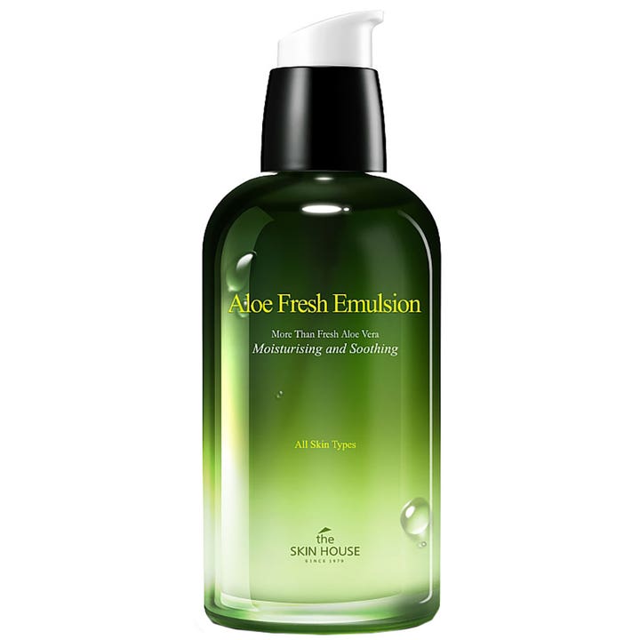 The Skin House Aloe Fresh Emulsion kosteuttava ja rauhoittava emulsio vihreässä liukuvärjätyssä pumppupullossa.