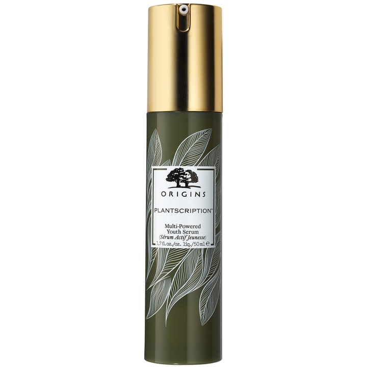 Origins Plantscription Multi-Powered Youth Serum 50 ml silottava kasvoseerumi tummanvihreässä kultakorkkisessa pullossa.