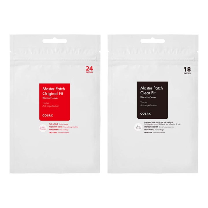 COSRX Master Patch Original Fit ja Clear Fit 24 ja 18 kpl finnilaastarit valkoisissa pusseissa punaisella ja mustalla logolla.