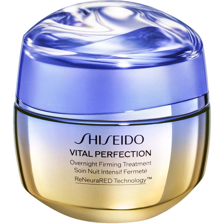 Shiseido Vital Perfection Overnight Firming Treatment 50ml kiinteyttävä yövoide kultaisessa ja liilassa lasipurkissa.