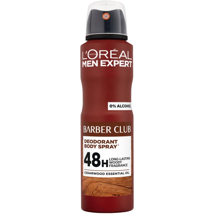 L'Oréal Men Expert Barber Club Deodorant Body Spray raikastava deosuihke 48h suojalla tummanpunaisessa metallipullossa.