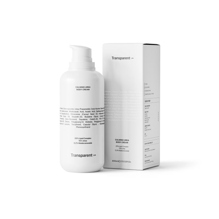 Niche Beauty Lab Transparent Lab Calming Urea Body Lotion 400 ml rauhoittaa ja kosteuttaa valkoisessa pumppupullossa.