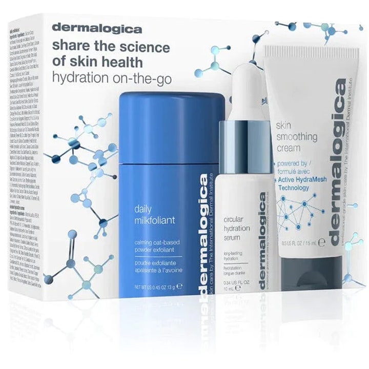 Dermalogica Hydration On-The-Go 3 kpl syväkosteuttava ihonhoitosetti sinisessä ja valkoisissa pakkauksissa.