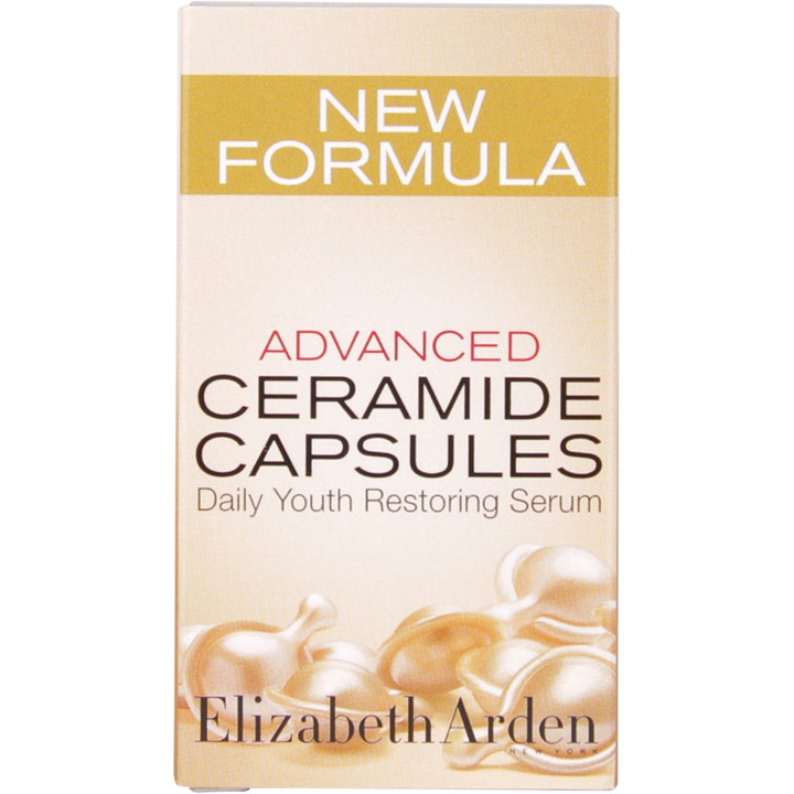 Elizabeth Arden Advanced Ceramide Serum 30 kapselia uudistava kasvoseerumi kultaisessa pakkauksessa jossa New Formula teksti