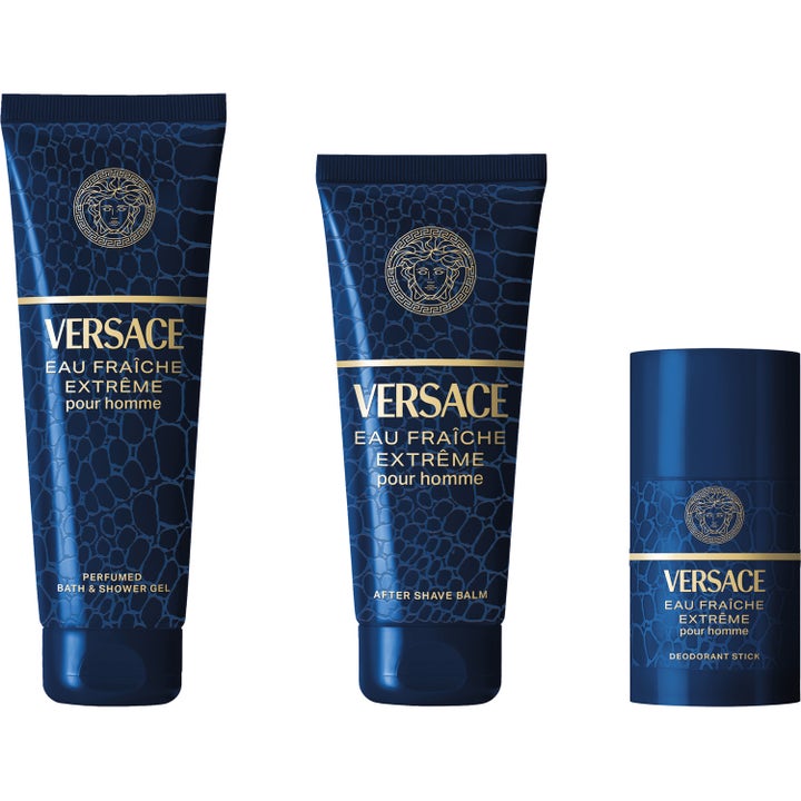 Versace Eau Fraiche Extreme 250 ml puhdistava suihkugeeli ja hoitosetti sinisissä krokotiilikuvioisissa tuubeissa.