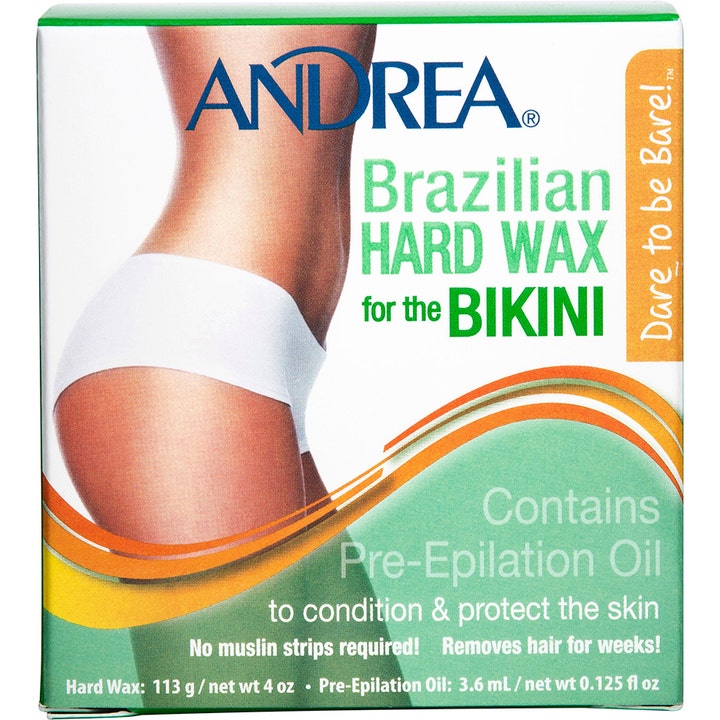 Andrea Brazilian Hard Wax 113 g bikiinialueen karvanpoistovaha ja öljy pakkauksessa, jossa on naisen alavartalo.