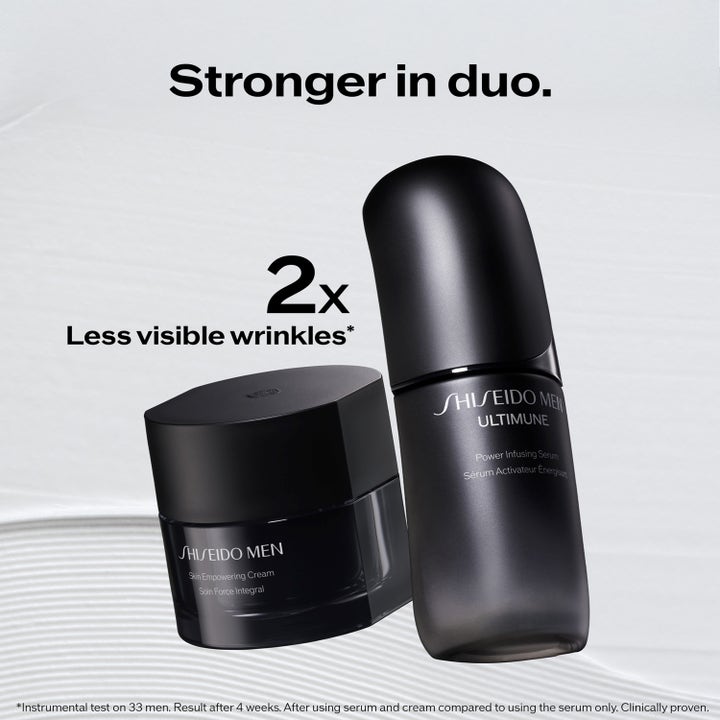 Shiseido Ultimune Men 2.0 Power Infusing Concentrate 50 ml seerumi ja voide vähentävät ryppyjä näkyvästi.