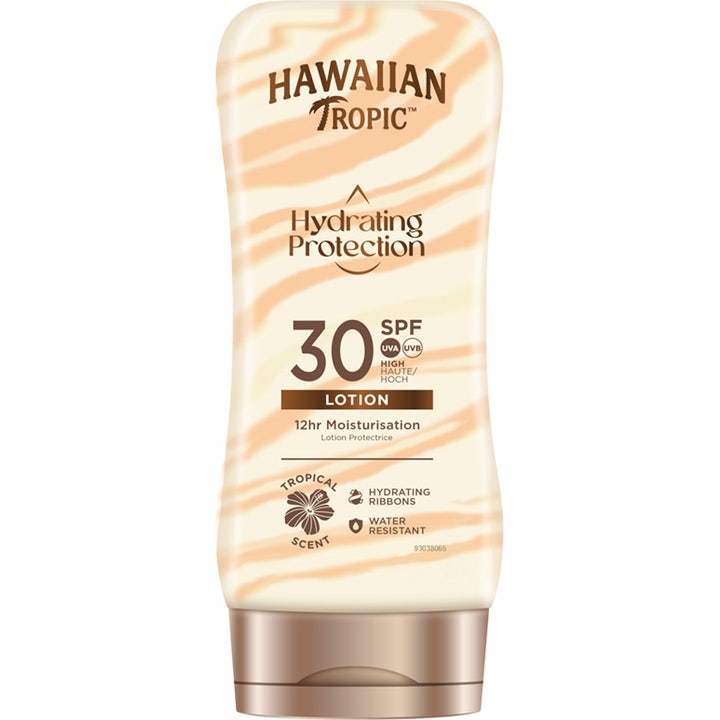 Hawaiian Tropic Hydrating Protection SPF 30 kosteuttava aurinkovoide persikanvärisillä raidoilla ja pronssisella korkilla.