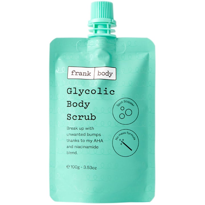 Frank Body Glycolic Body Scrub 100 g ihoa silottava vartalokuorinta mintunvihreässä pussipakkauksessa.