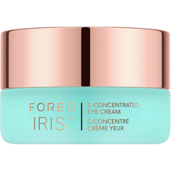 Foreo Iris C-Concentrated Eye Cream 15 ml kirkastava silmänympärysvoide turkoosi purkki ruusukultaisella korkilla