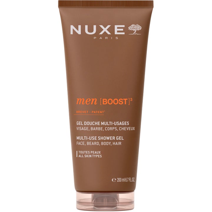 Nuxe Men [Boost]³ 200 ml monikäyttöinen suihkugeeli puhdistaa vartalon ja hiukset ruskeassa tuubissa.