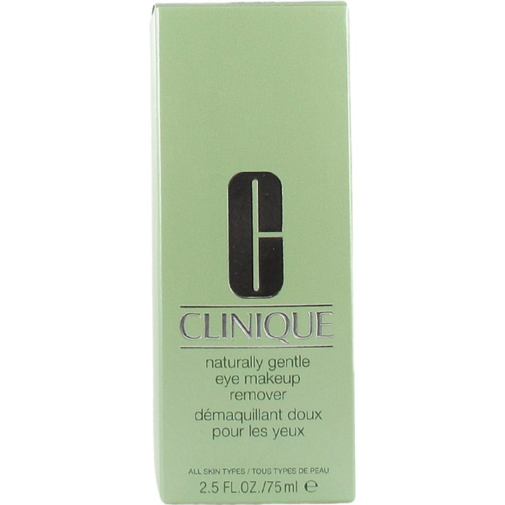 Clinique Naturally Gentle Eye Makeup Remover 75 ml hellävarainen silmämeikinpoistoaine vaaleanvihreässä pahvipakkauksessa.