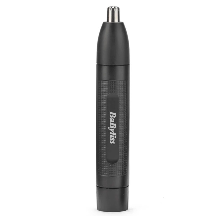 BaByliss Nose &amp; Ear Trimmer paristokäyttöinen nenäkarvatrimmeri on musta laite, jossa on hopeinen teräosa.