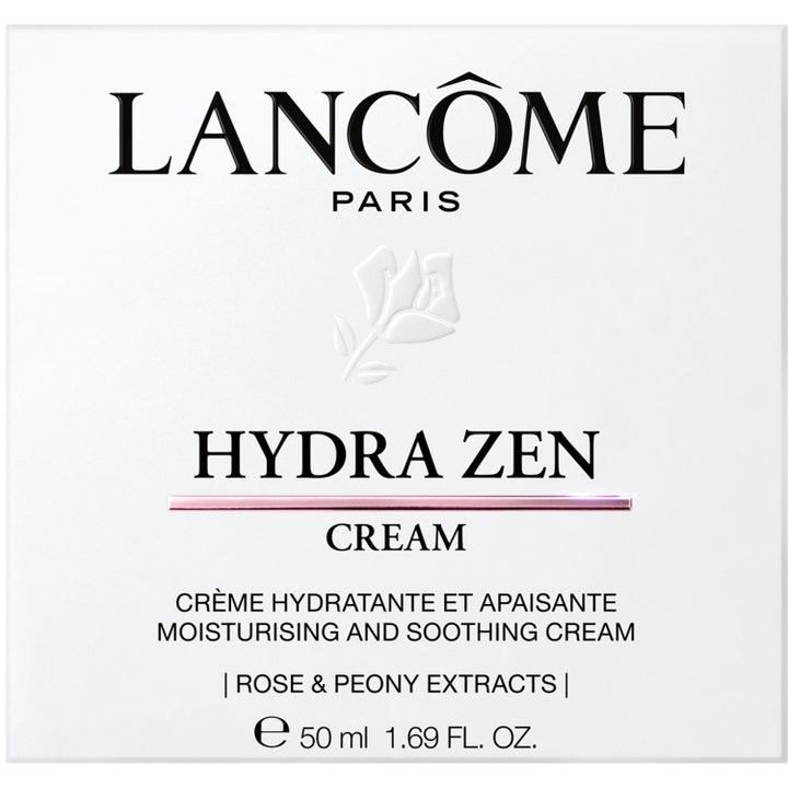 Lancôme Hydra Zen 50 ml päivävoide kosteuttaa ja rauhoittaa, valkoinen pakkaus Rose & Peony Extracts -tekstillä.