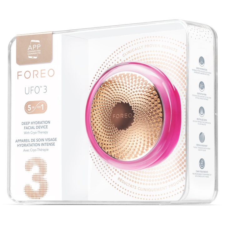 FOREO UFO 3 Fuchsia 1 kpl syväkosteuttava kasvolaite läpinäkyvässä myyntipakkauksessa