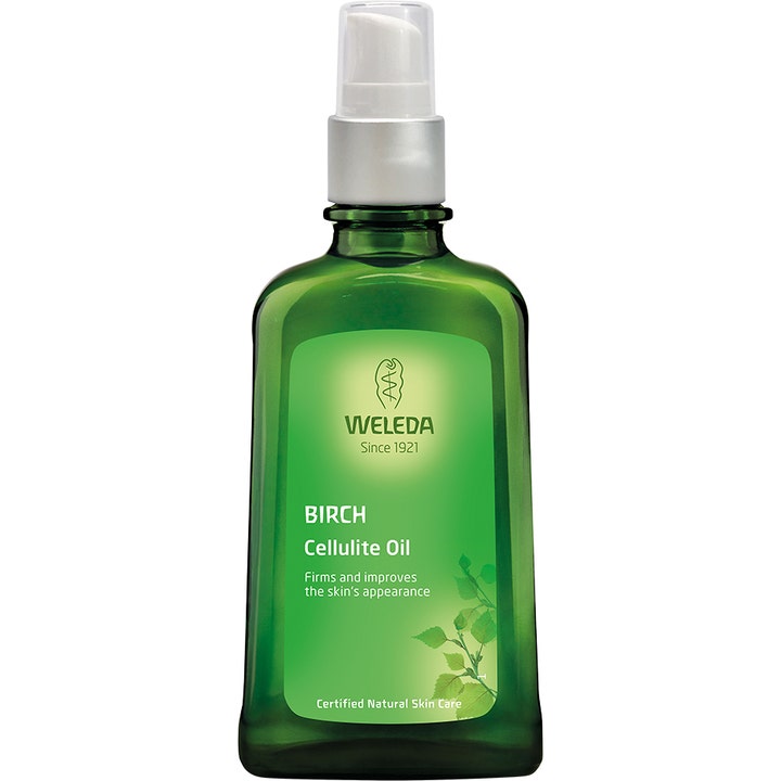 Weleda Birch Cellulite Oil kiinteyttävä selluliittiöljy vihreässä lasipullossa jossa on hopeinen pumppunokka
