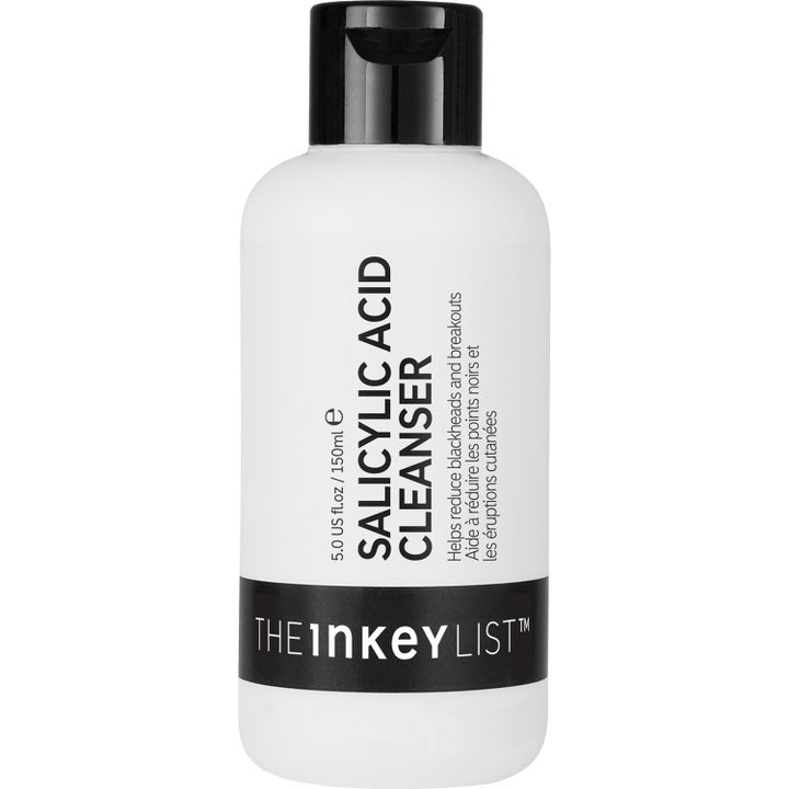 The Inkey List Salicylic Acid Cleanser 150 ml epäpuhtauksia vähentävä puhdistusaine valkoisessa pullossa mustalla korkilla.
