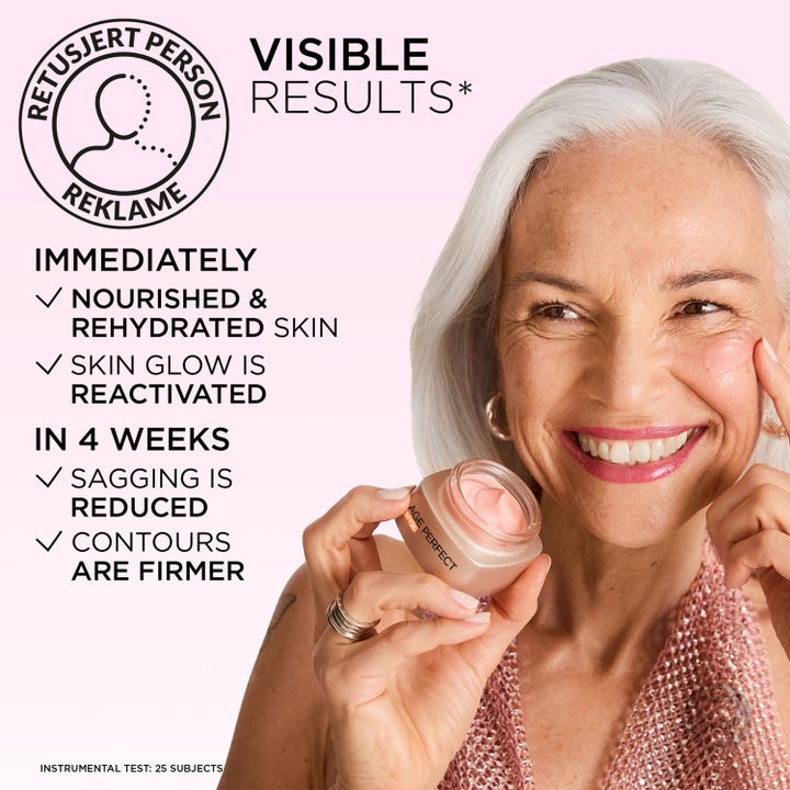 L'Oréal Paris Age Perfect Golden Age 50 ml heleyttävä päivävoide, jota hymyilevä nainen levittää poskelleen.