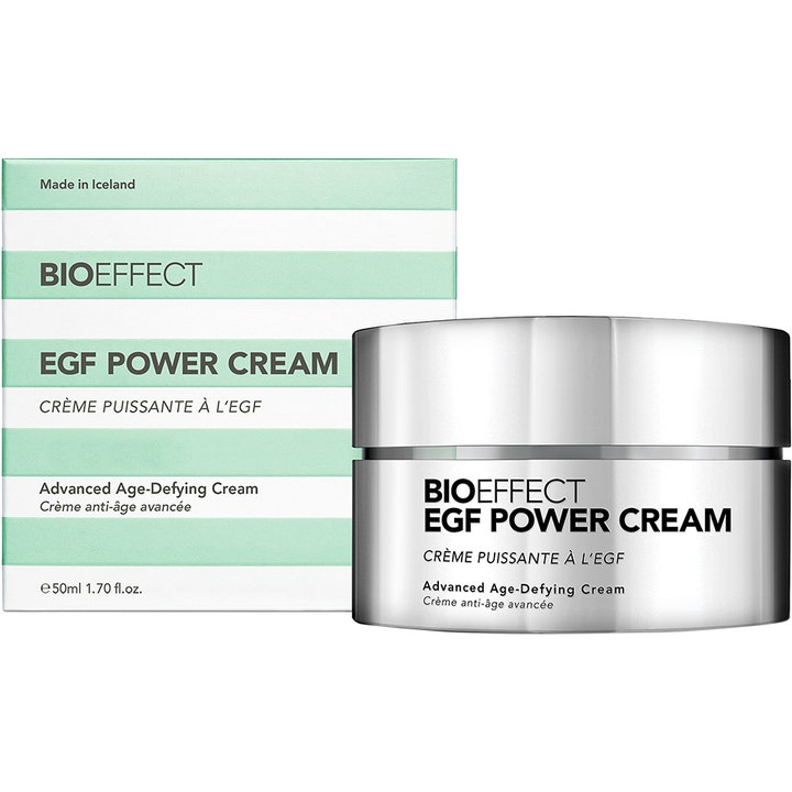 Bioeffect EGF Power Cream 50 ml ikääntymistä hidastava kasvovoide hopeisessa purkissa ja raidallisessa rasiassa