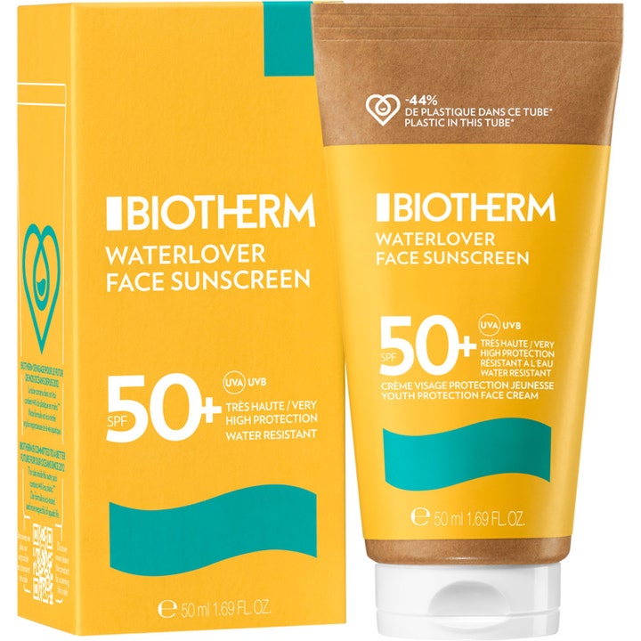 Biotherm Waterlover Face Sunscreen 50 ml anti-age aurinkovoide kasvoille keltaisessa tuubissa ja pakkauksessa SPF 50+