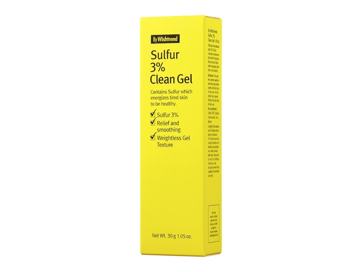 By Wishtrend Sulfur 3% Clean Gel 30 ml rauhoittava seerumi kirkkaankeltaisessa pahvipakkauksessa.