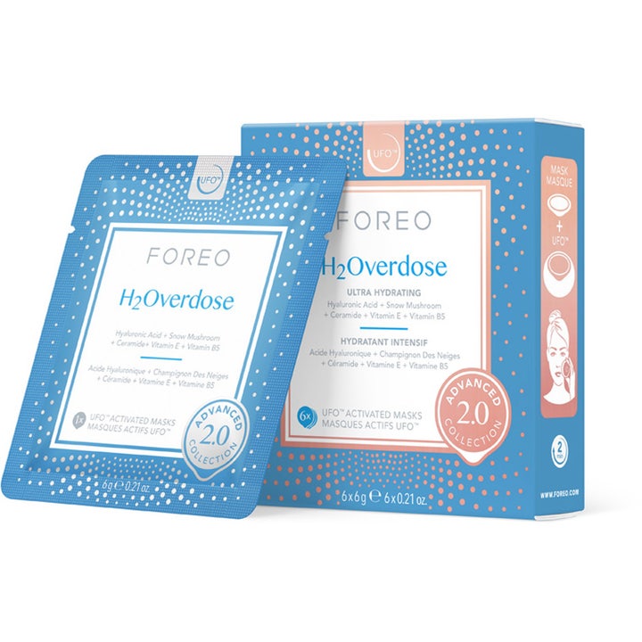 FOREO H2Overdose 2.0 6x6g syväkosteuttava kasvonaamio hyaluronihapolla sinisessä pakkauksessa ja pussissa
