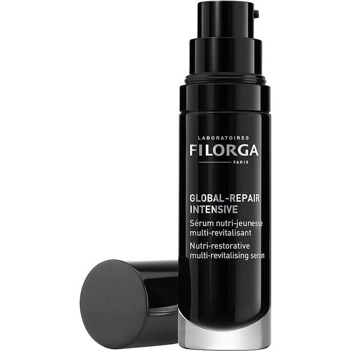 Filorga Global-Repair Intensive 30 ml elvyttävä kasvoseerumi mustassa pumppupullossa irrallisella korkilla