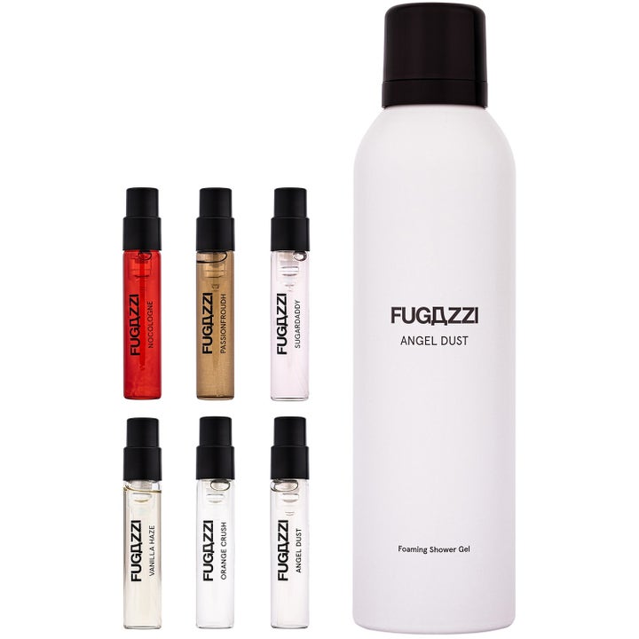 Fugazzi Fugazze Bestseller Set 262 ml puhdistava vartalonhoitosetti valkoinen suihkuvaahtopullo ja kuusi pientä lasinäytettä