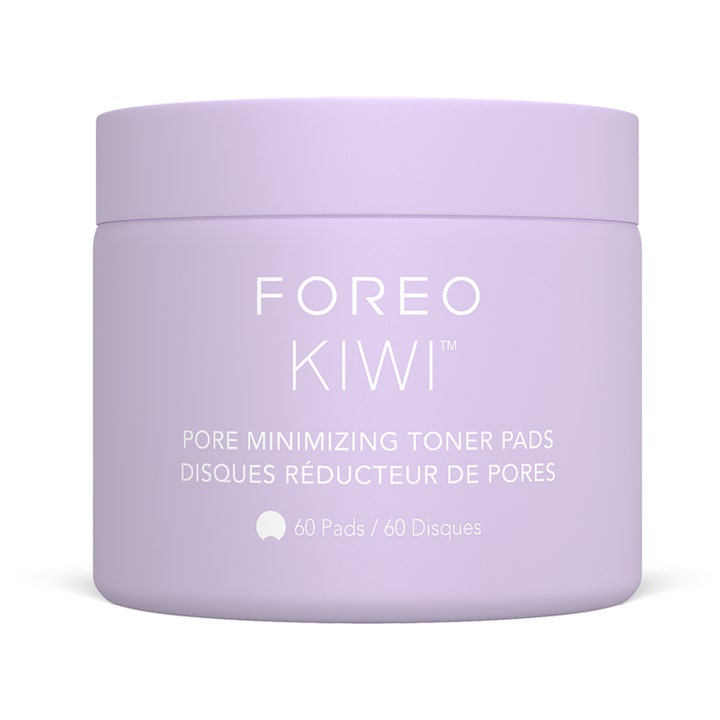 Foreo Kiwi Pore Minimizing Toner Pads 60 kpl ihohuokosia supistavat kasvovesilaput vaaleanliilassa purkissa.