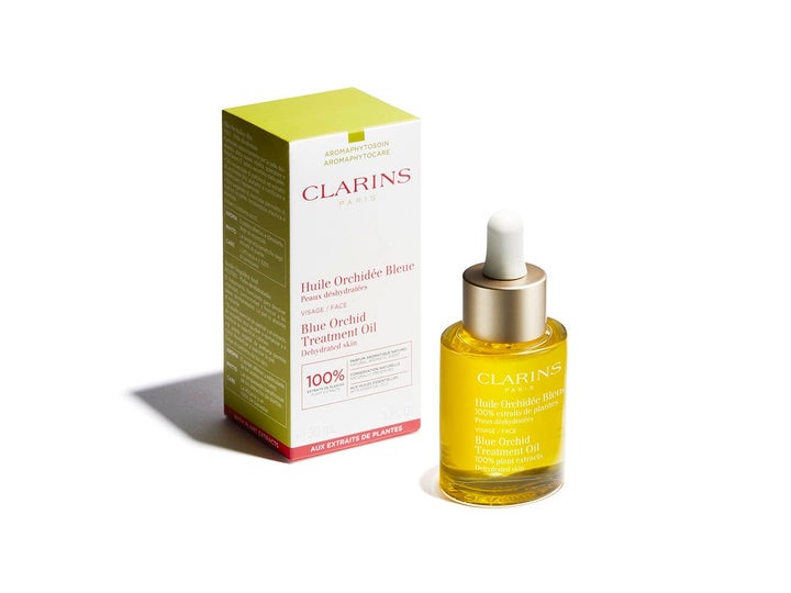 Clarins Blue Orchid Face Treatment Oil 30 ml kosteuttava kasvoöljy lasipullossa ja pakkaus