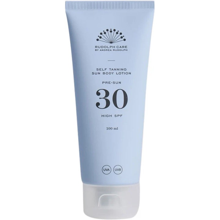 Rudolph Care Self Tanning Sun Body Lotion 100 ml suojaava ja heleyttävä aurinkovoide vaaleansinisessä tuubissa