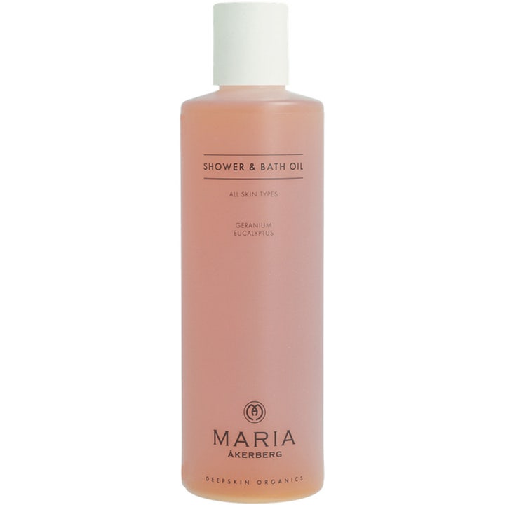 Maria Åkerberg Shower & Bath Oil 250 ml pehmentävä kylpyöljy läpikuultavassa pullossa jossa on persikanvärinen neste