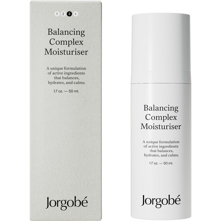 Jorgobé Balancing Complex Moisturiser 50 ml tasapainottava kasvovoide valkoisessa pumppupullossa ja pakkauksessa