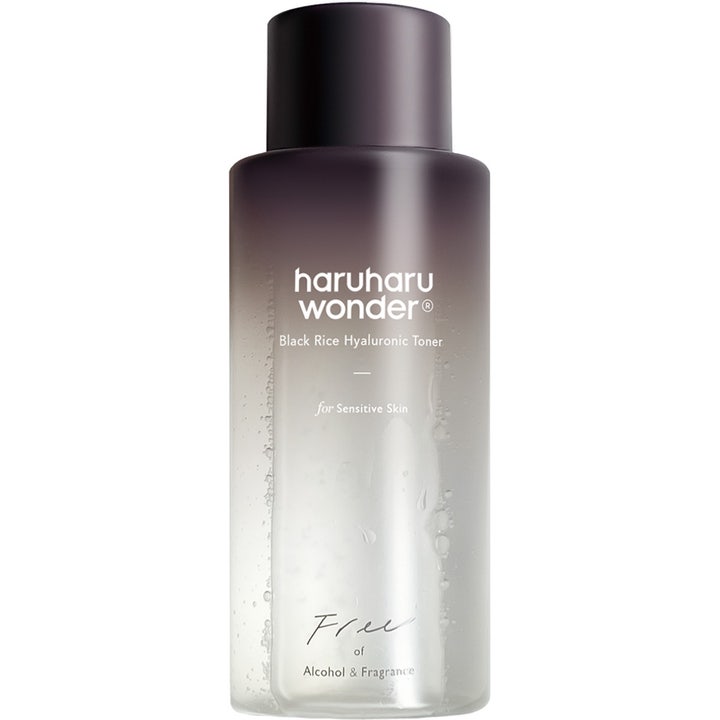 Haruharu Wonder Black Rice Hyaluronic Toner 150 ml kosteuttava kasvovesi harmaassa liukuvärjätyssä pullossa.