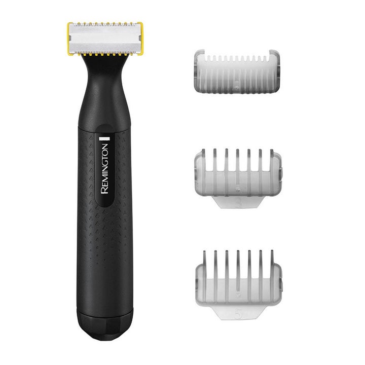 Remington Advanced Shave & Recovery Set musta Omniblade-trimmeri ja kolme läpinäkyvää ohjauskampaa parranajoon