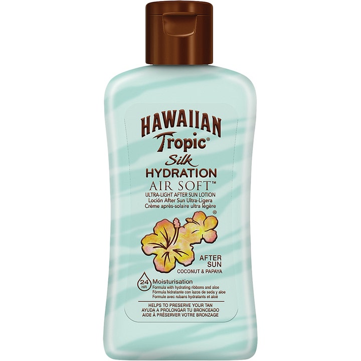 Hawaiian Tropic Silk Hydration Air Soft kosteuttava after sun -voide vaaleansinisessä pullossa kukkakuviolla.