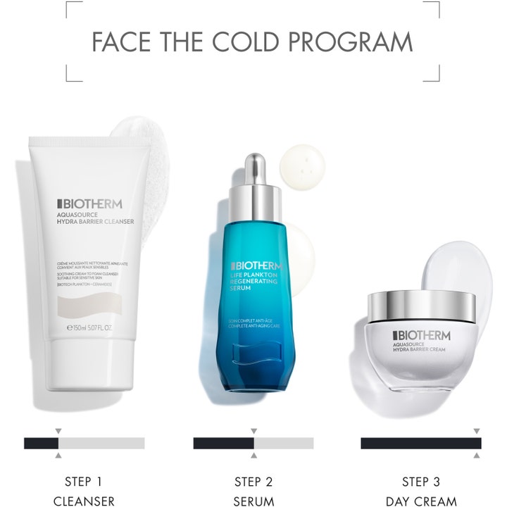 Biotherm Life Plankton Regenerating Serum 50 ml uudistava seerumi osana kolmivaiheista Face the Cold -rutiinia.
