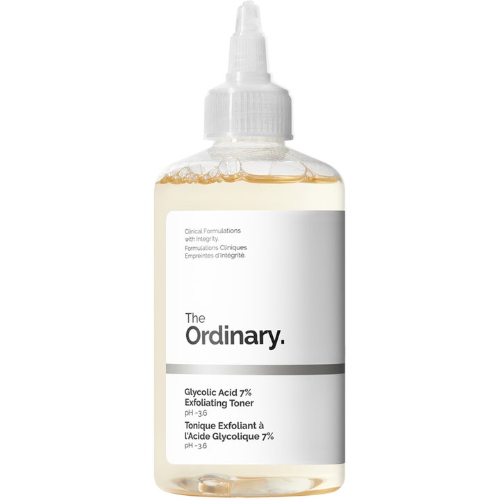 The Ordinary Glycolic Acid 7% Exfoliating Toner 240 ml kirkastava kasvovesi kirkkaassa pullossa suippokärkisellä korkilla