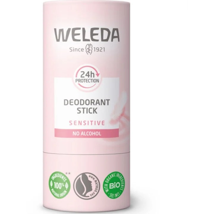 Weleda Deodorant Stick Sensitive suojaava alkoholiton deodoranttipuikko vaaleanpunaisessa hylsyssä.