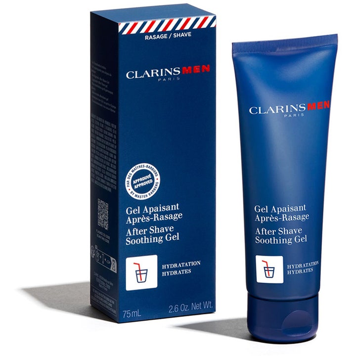 Clarins Men After Shave Soothing Gel 75 ml rauhoittava ja kosteuttava after shave -geeli sinisessä tuubissa ja pakkauksessa.