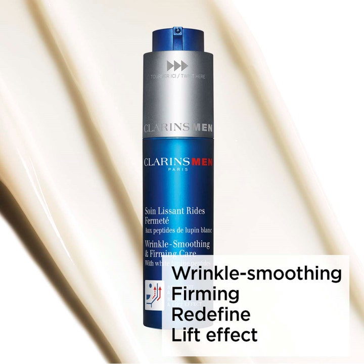 Clarins Men Wrinkle-Smoothing & Firming Care 50 ml kiinteyttävä päivävoide sinisessä pullossa antaa lift effect -vaikutuksen