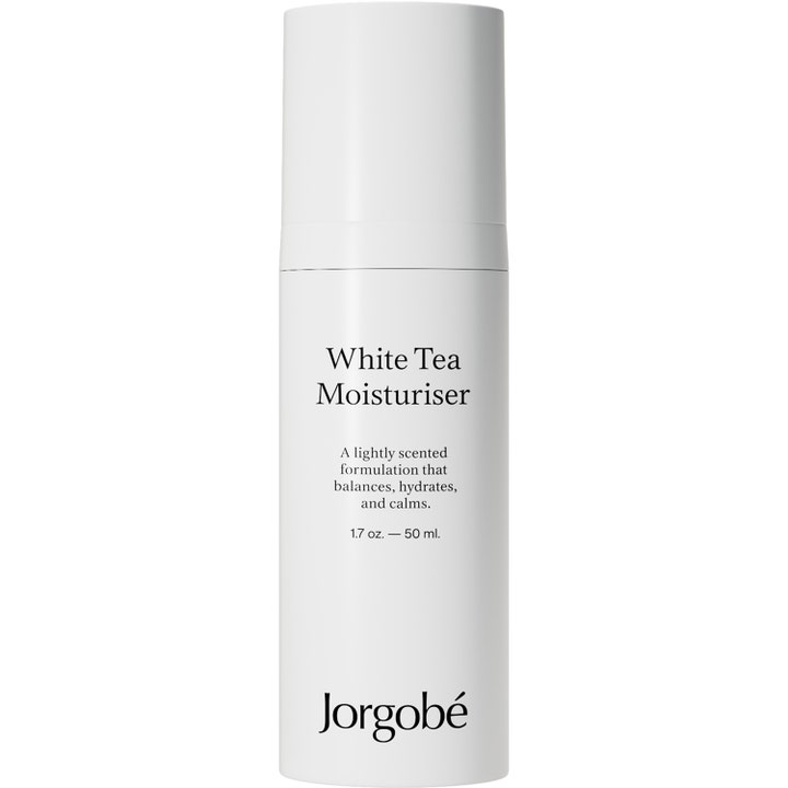 Jorgobé White Tea Moisturiser 50 ml kosteuttava kasvovoide valkoisessa pumppupullossa.